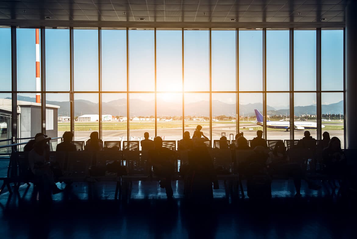 Silhouette of a airport at sunset